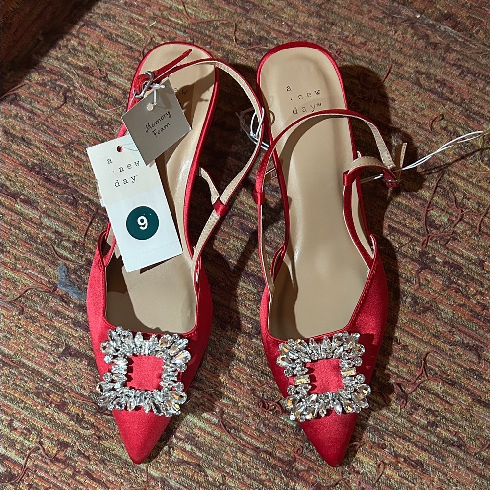 a new day Red Pointed Slingback Kitten Heels with Crystal Buckle